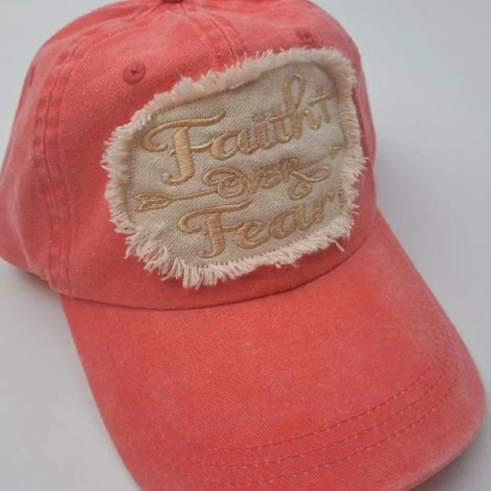 Faith Over Fear Women's Hat Cap Religious Cotton Pink Embroidered Ragged Patch - Picture 1 of 5